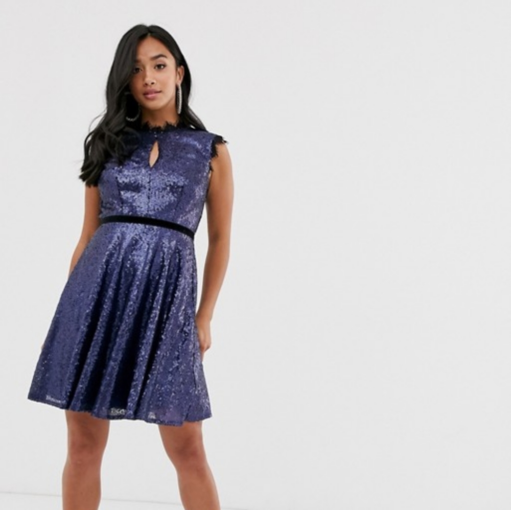 Little Mistress Navy Sequin Fit & Flare Dress